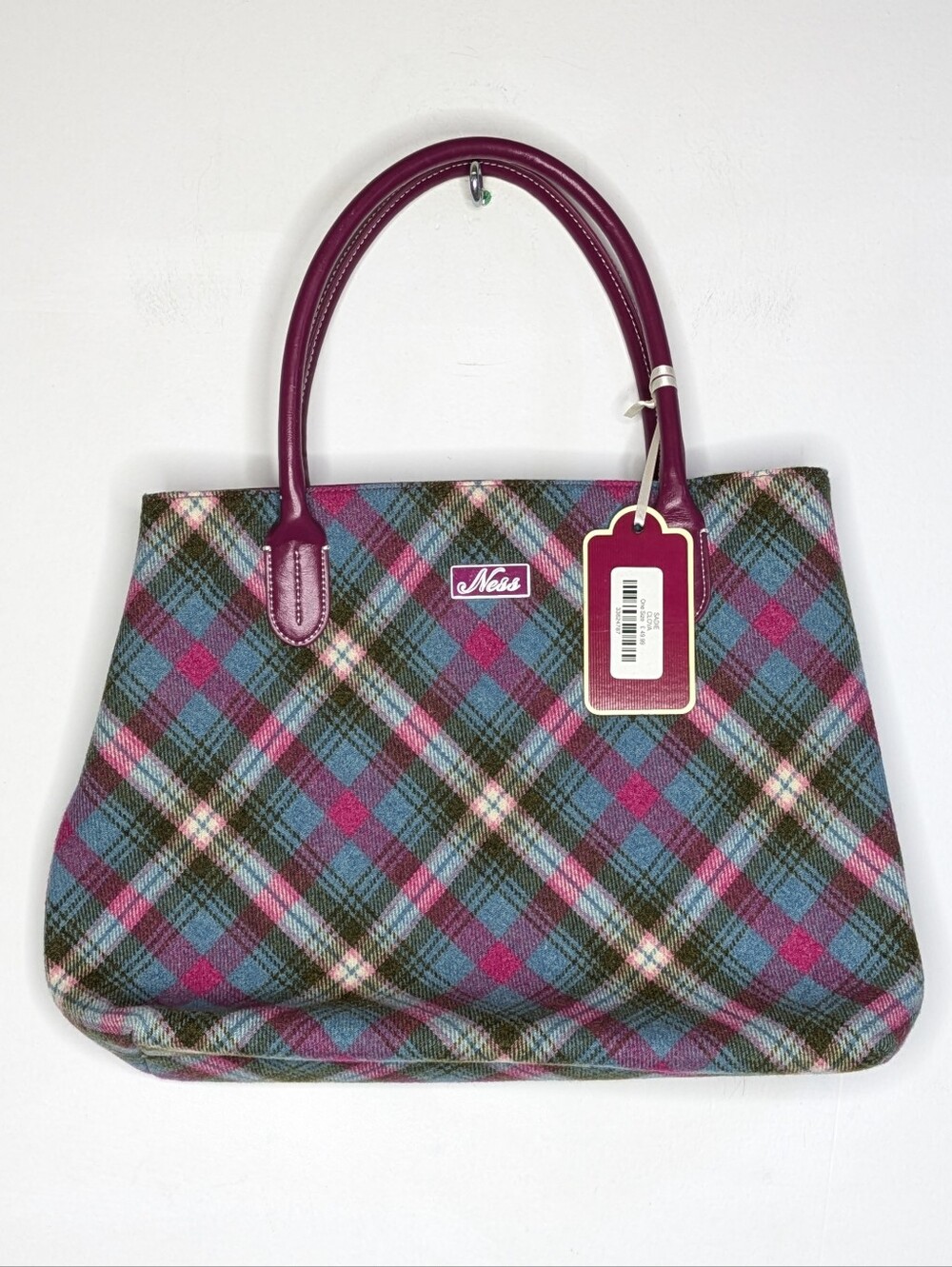 NWT Ness Scotland Sadie Clova Pink Blue Green Plaid Wool Blend Handbag